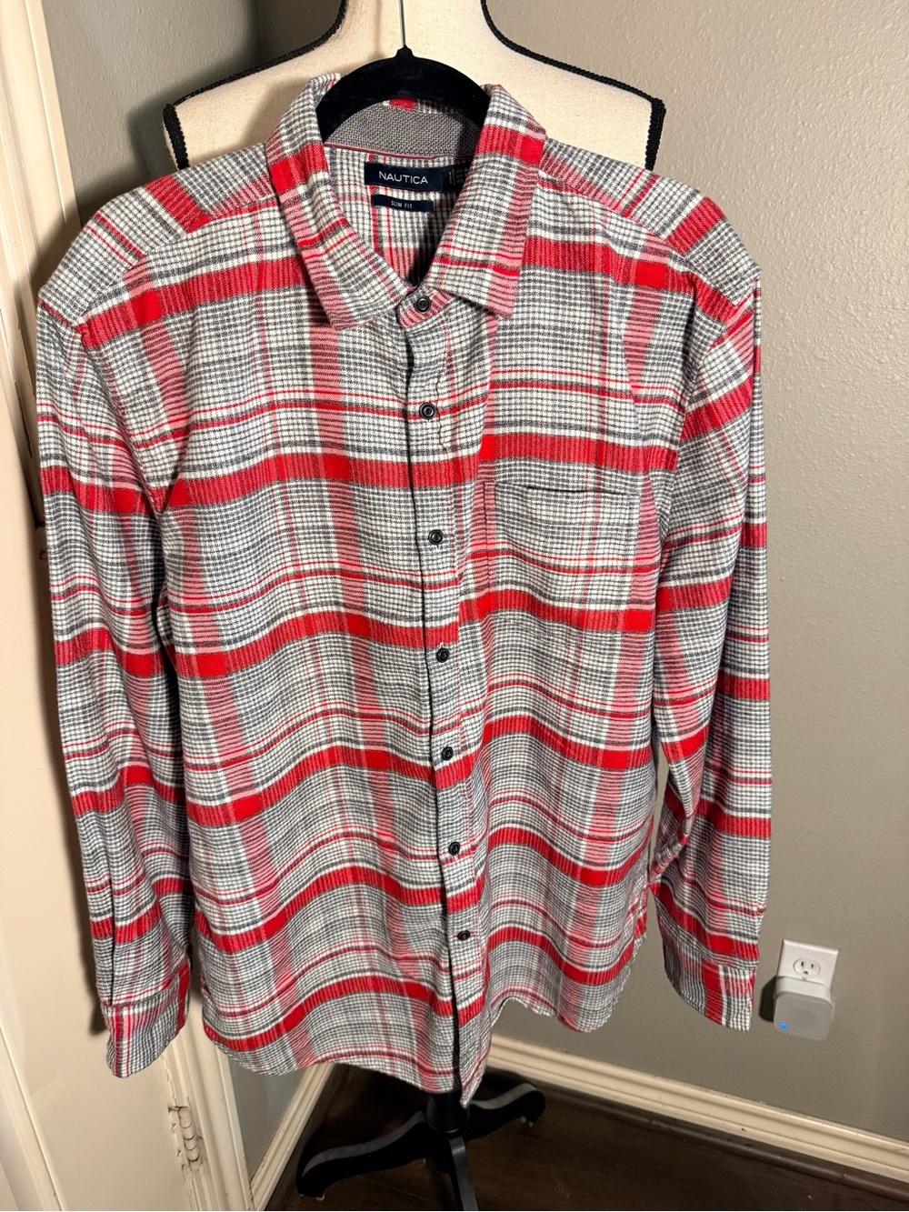 Nautica Red and Gray Plaid Long-Sleeve Button-Down Shirt